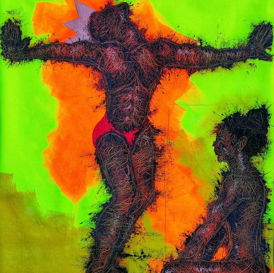 African Artwork painting of African man figure and African figure sitting with vibrant colours green and orange