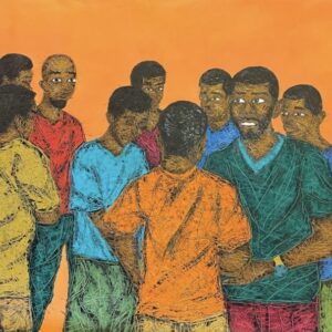 Mens conference African Artwork by Leonard Baloyi Artist with orange backgroud and oil and acrylic paint as the medium