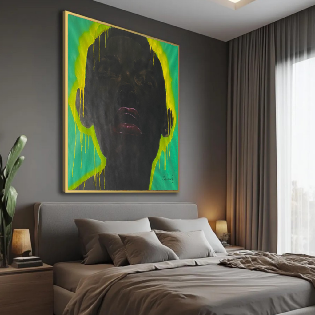 Navel Seakamela original artwork on a wall in a bedroom