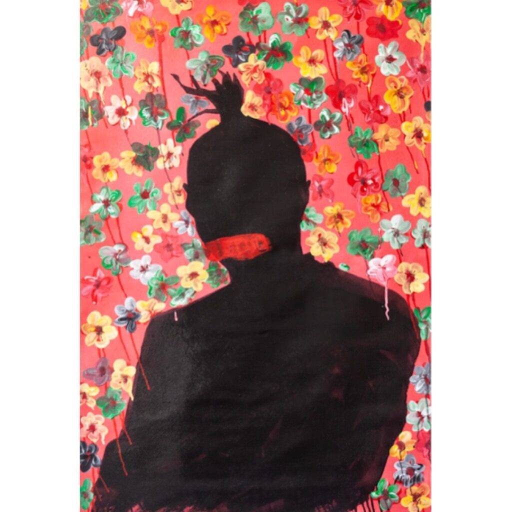 African Artwork by African Artist Navel Seakamela of human figure silhouette with floral detail background