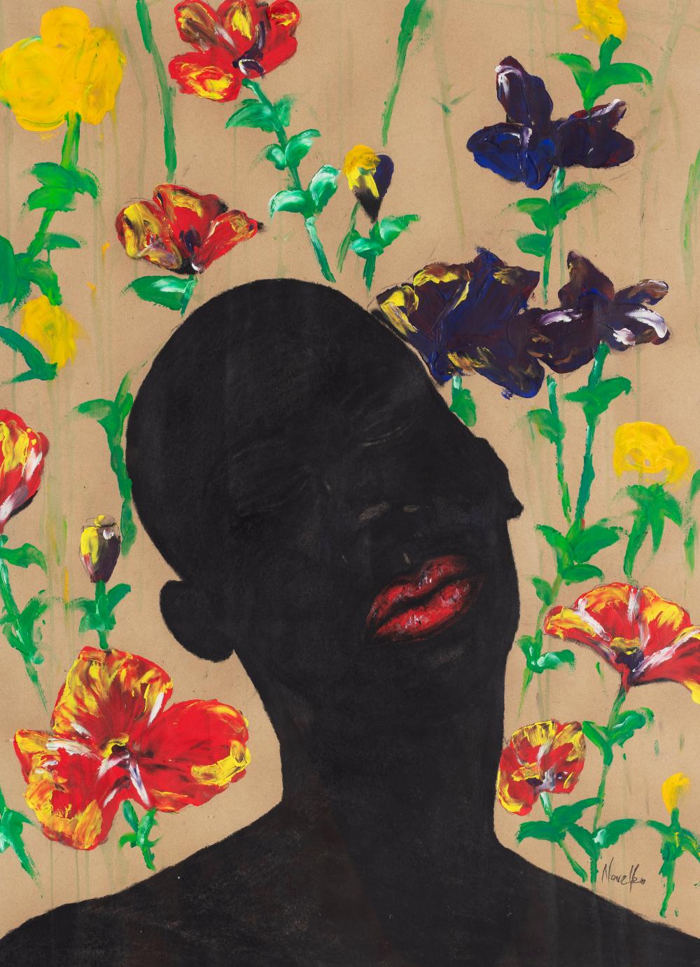 African Art Portrait of a Face with a floral background painted with acrylic and oils